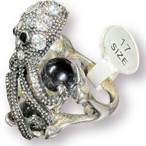 Silver Octopus Multi Color Pearl Ring Vintage Size 17‎ Retro Rhinestone Gothcore